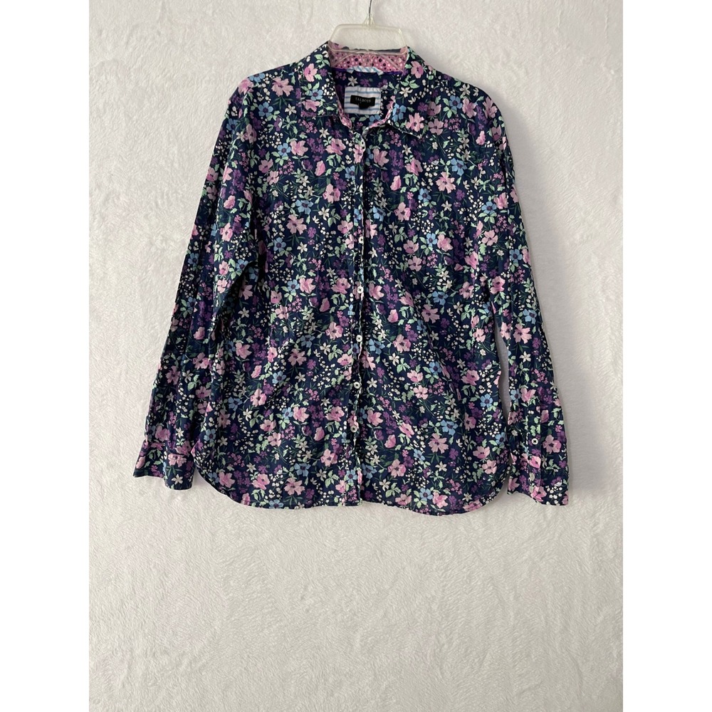 Talbots Petite Lg Floral Button Down Shirt Navy Blue Cotton Long Sleeve Blouse